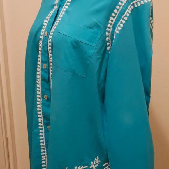 Soft Surroundings Teal Embroidered Button Down Top. Size S/M - Picture 3 of 5